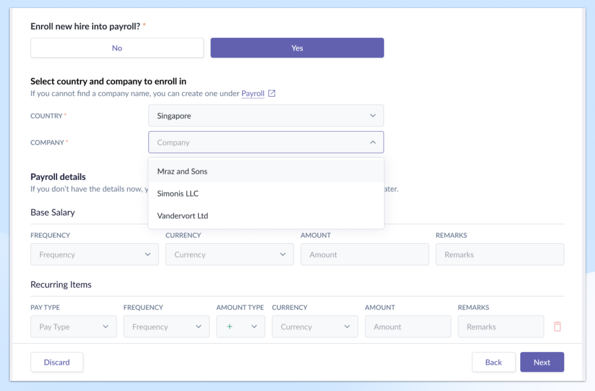 Client enrolling new hire needs to provide Base Salary and Recurring Item details