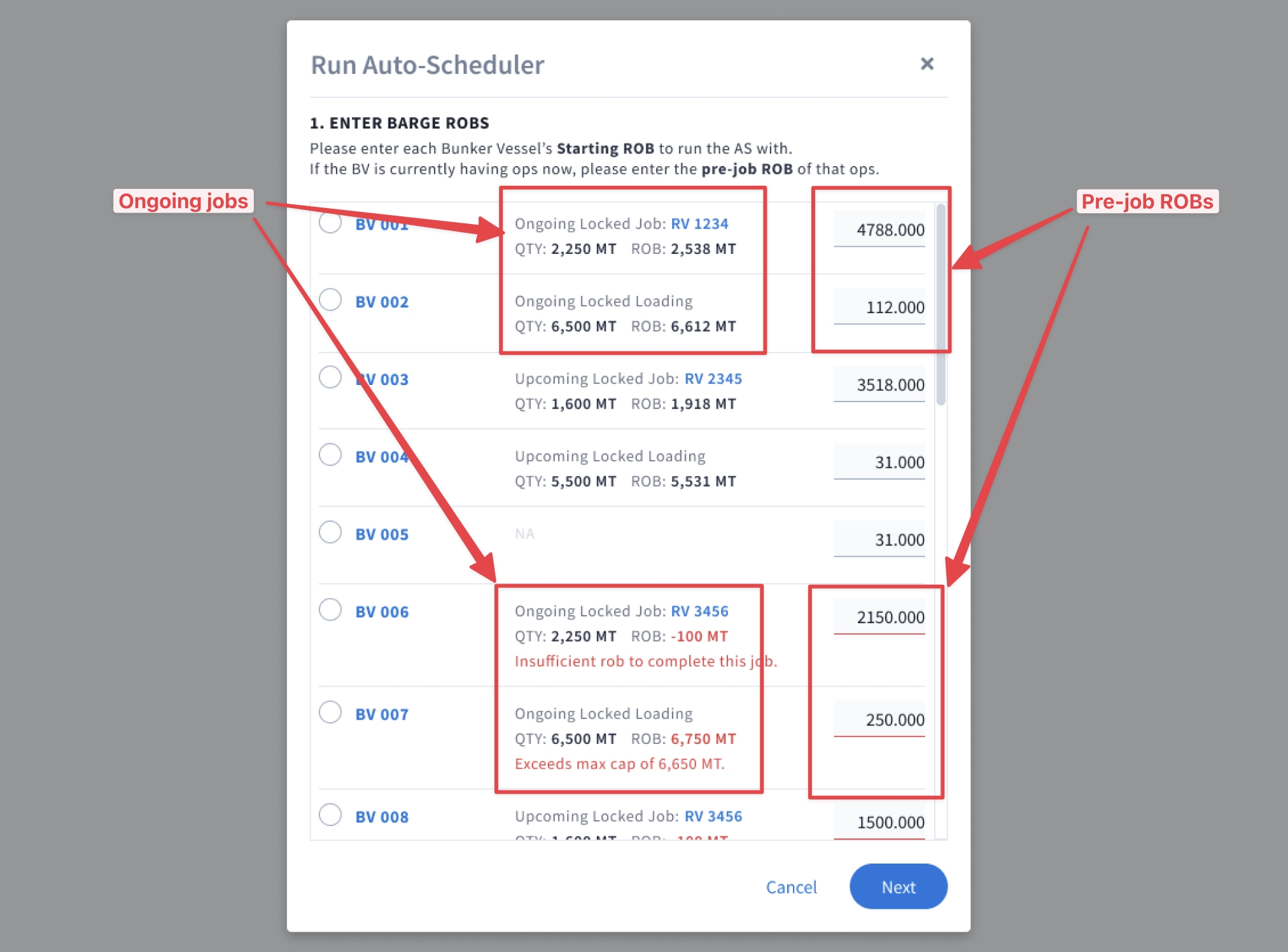 Users just needed to fill up with pre-job ROB values