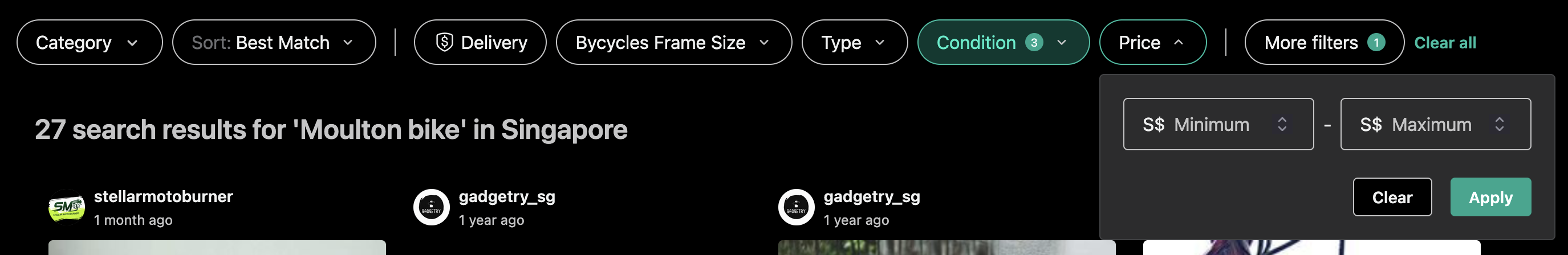 Carousell's filter options