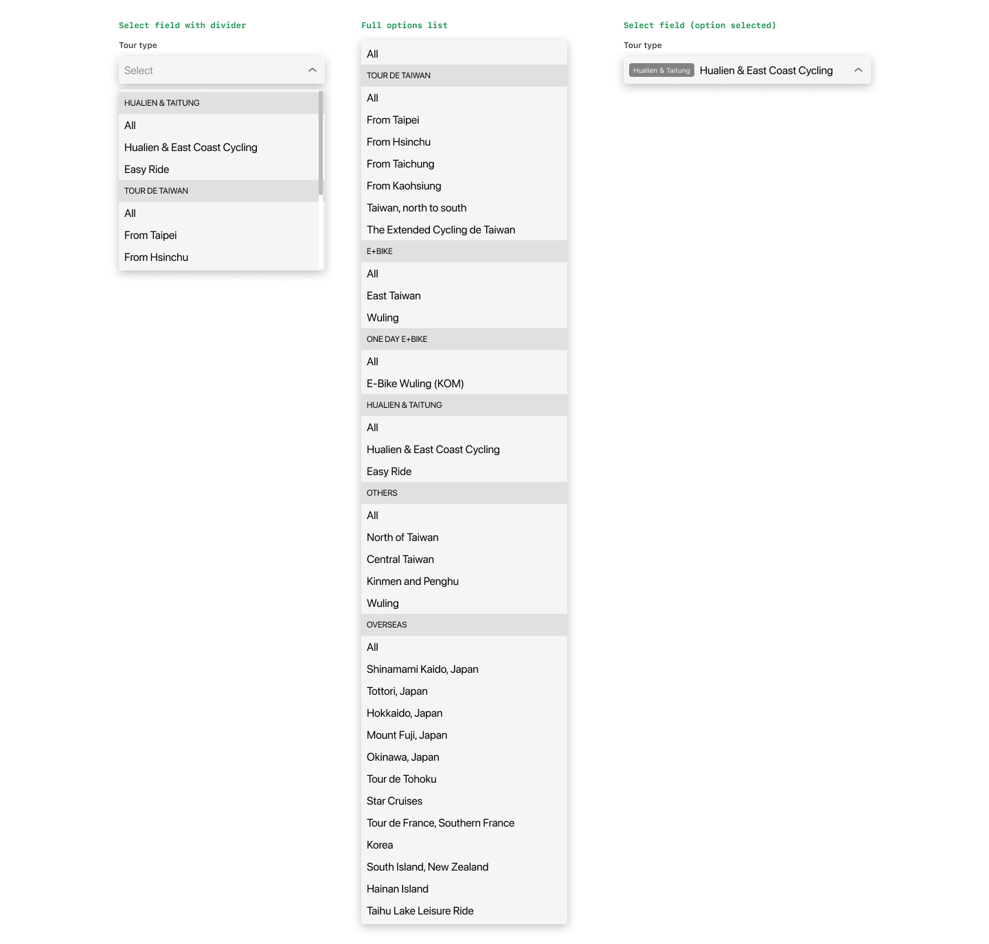 Solution A for tour categories is a single combined dropdown