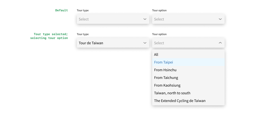 Solution B for tour categories is cascading dropdowns