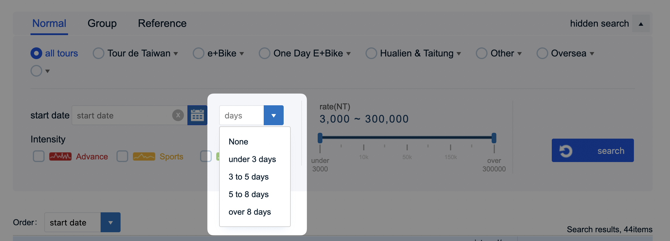 Dropdown options for trip duration