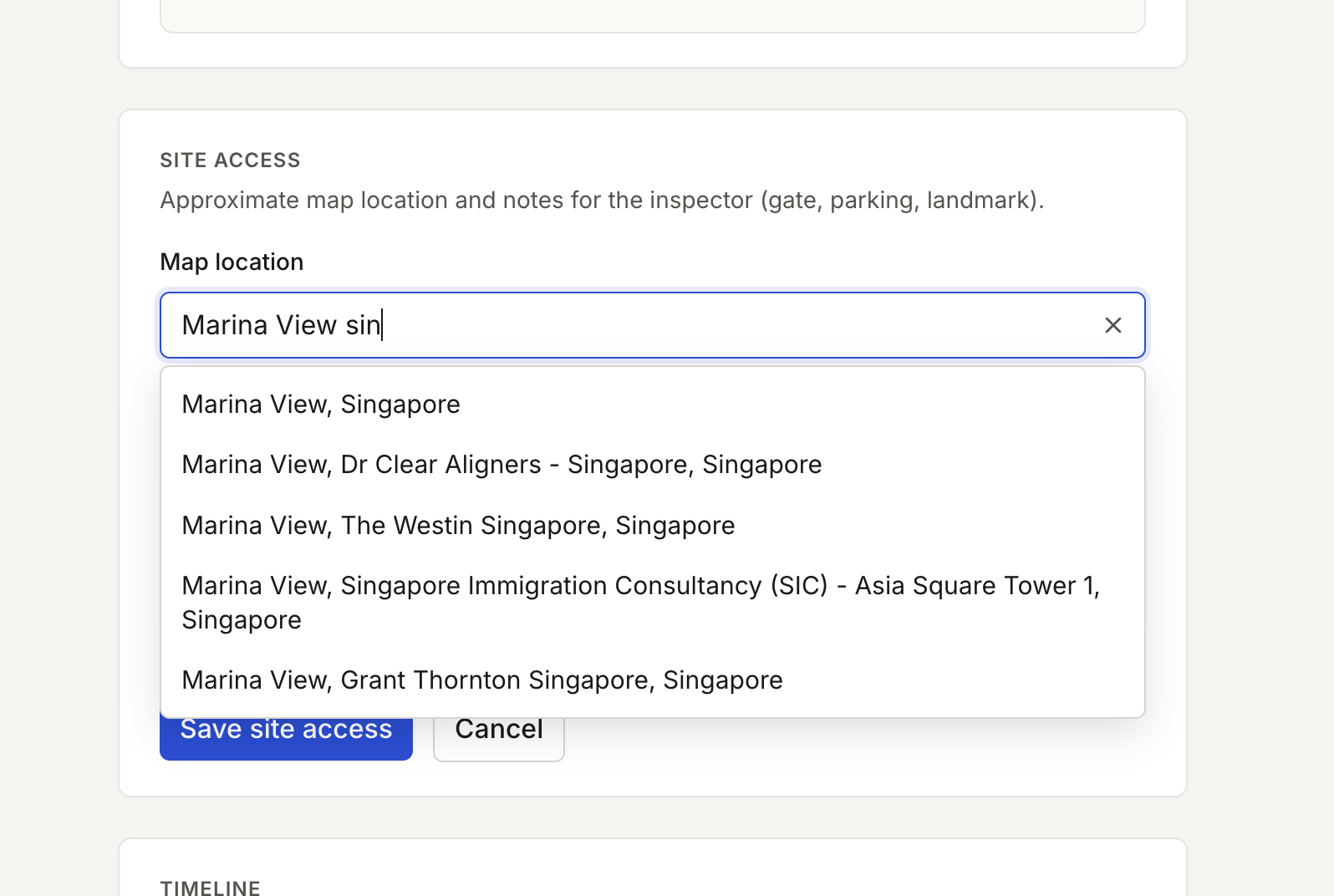 Auto-completing of site access location