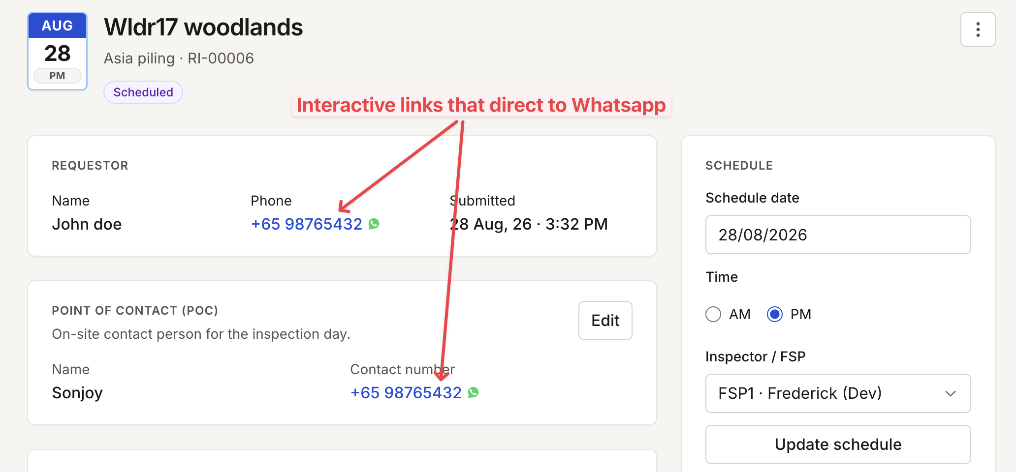 Interactive contact numbers that direct to Whatsapp