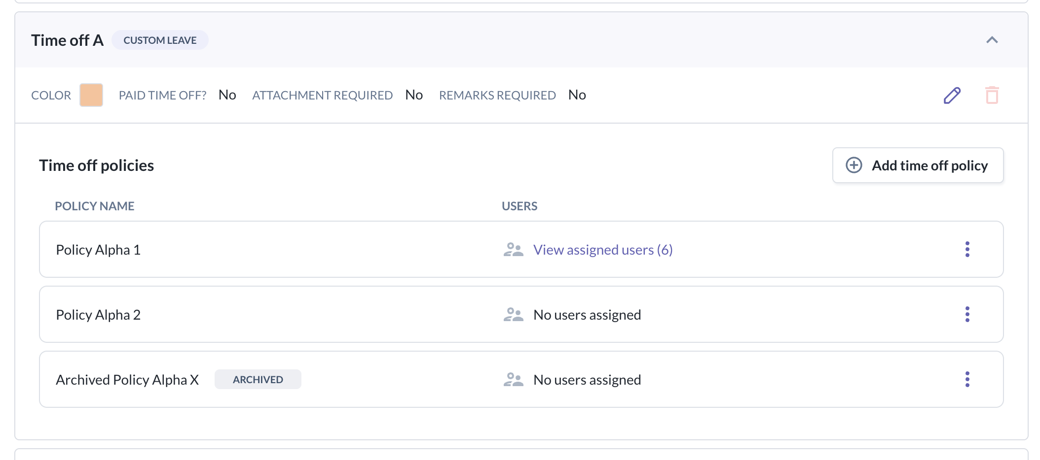 A time off type with multiple time off policies