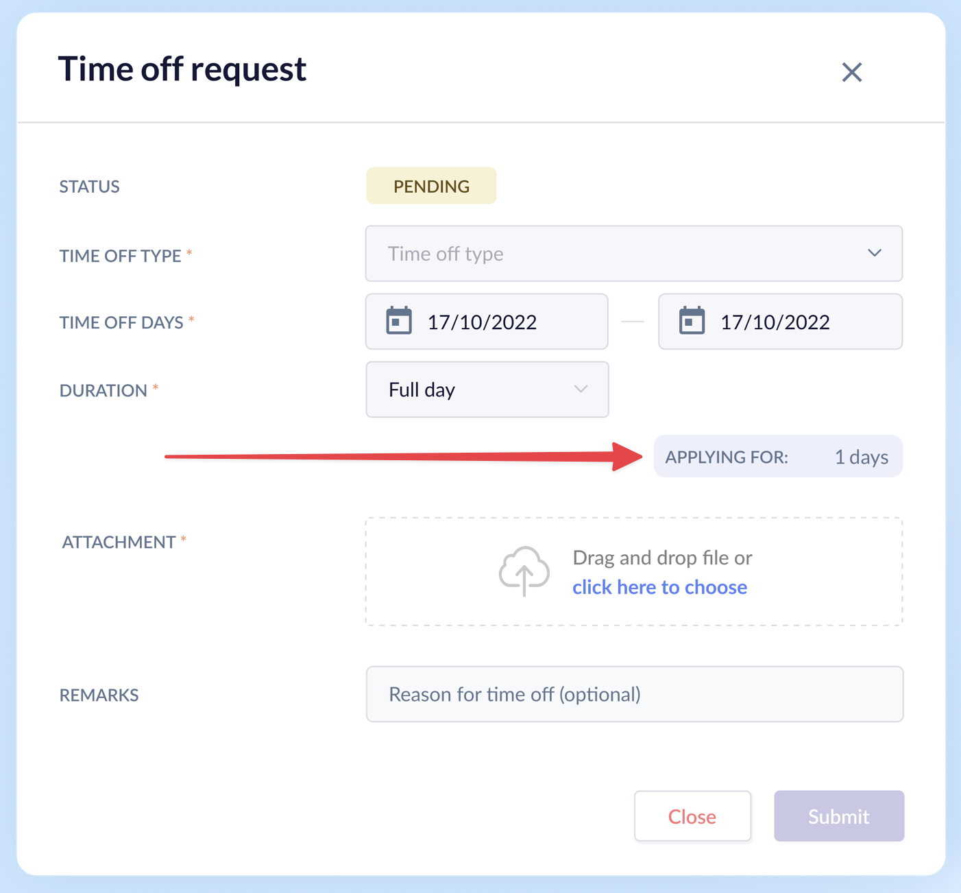 Previous time off details page has only the number of days applied for