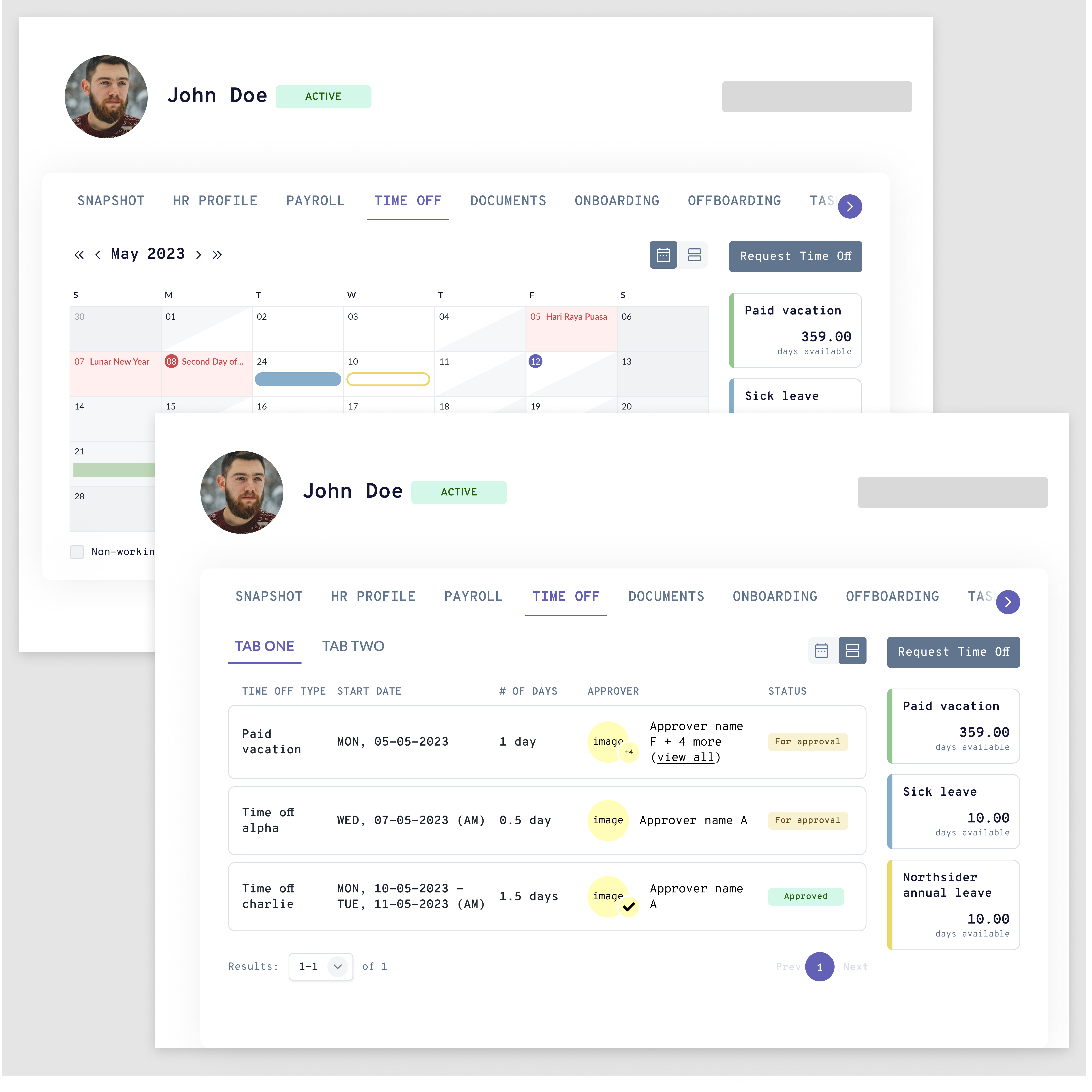 Wireframe: balance cards on the right, toggle added to existing calendar