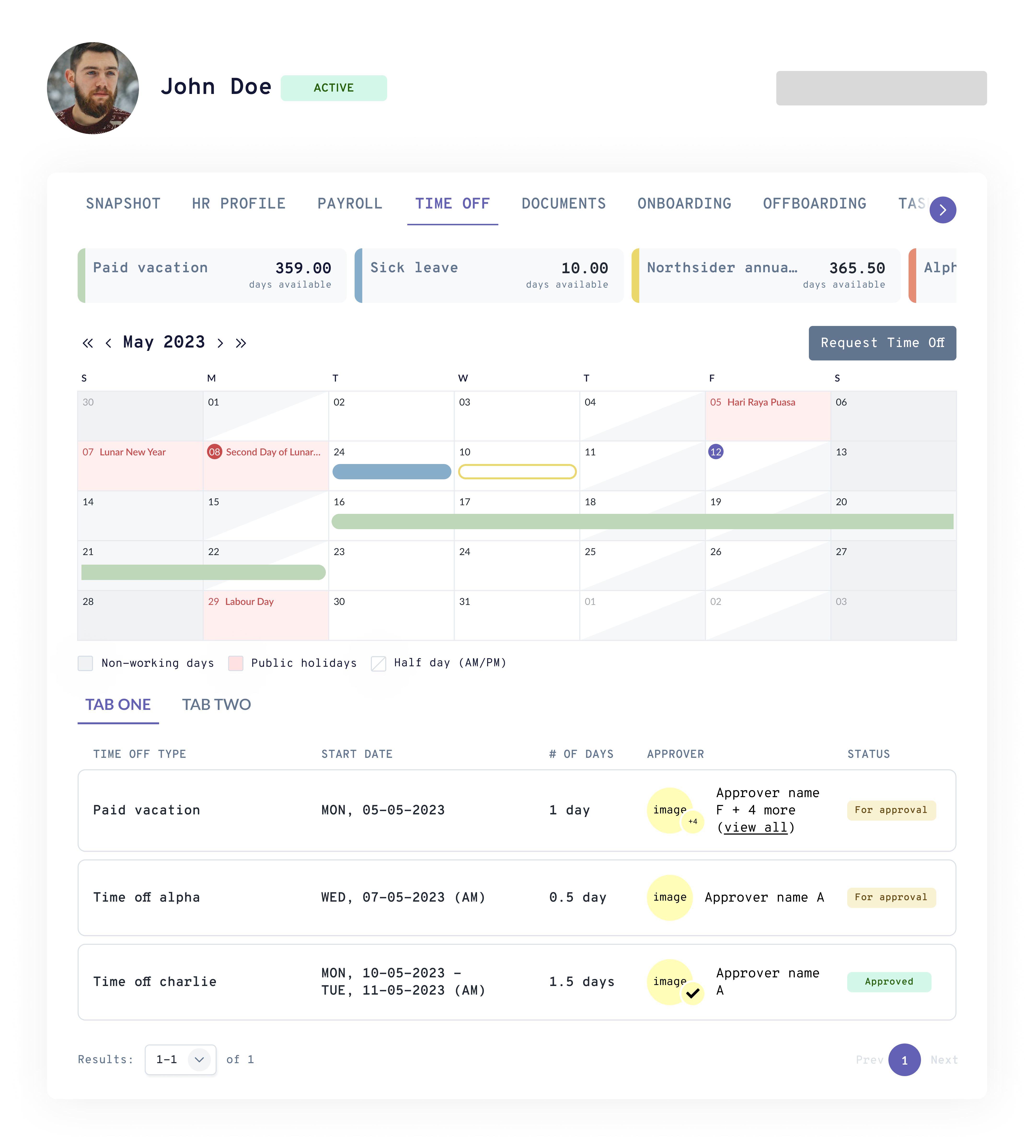 Wireframe: balance cards moved to top, calendar and listing table separated